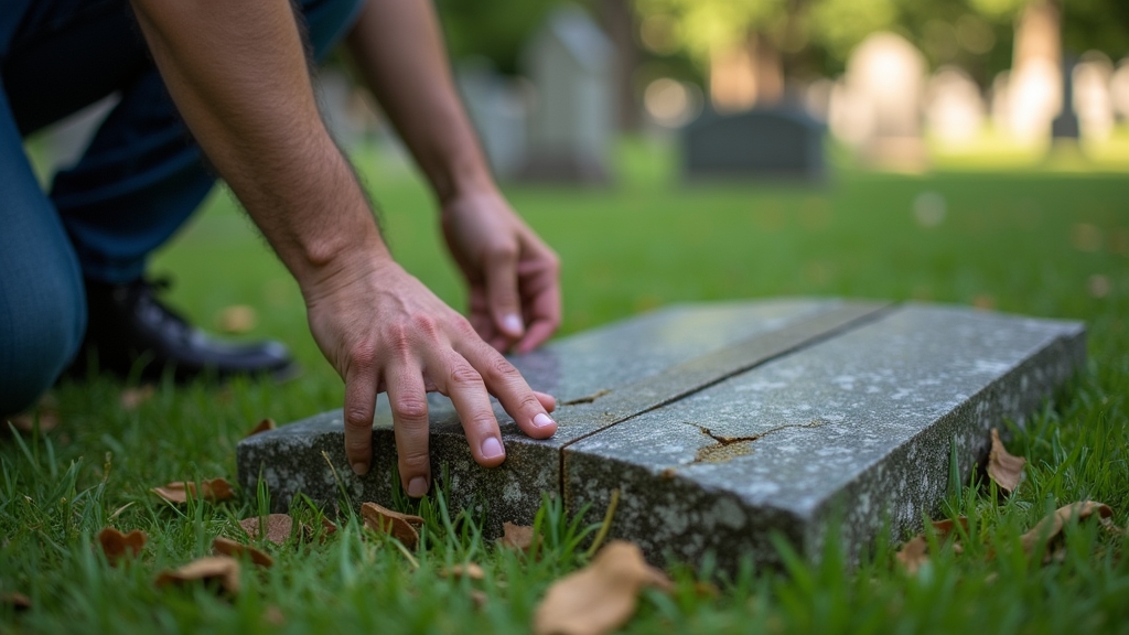 Person inspecting an old headstone for cracks and erosion in a cemetery