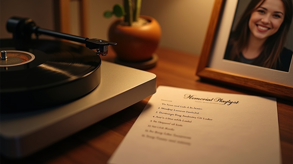 Memorial music setup with record player, playlist, and framed photo