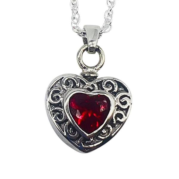 Ruby Red Silver Heart Cremation Pendant