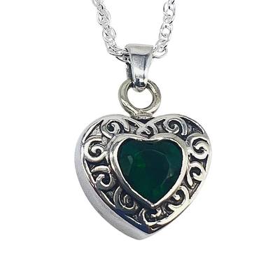 Emerald Green Silver Heart Cremation Pendant